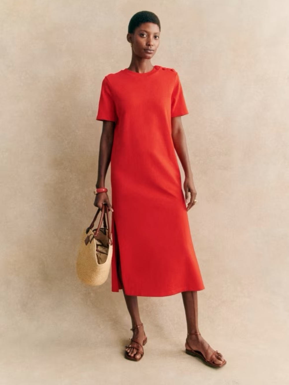 Sezane Red Short-Sleeve Midi Dress with Shoulder Buttons